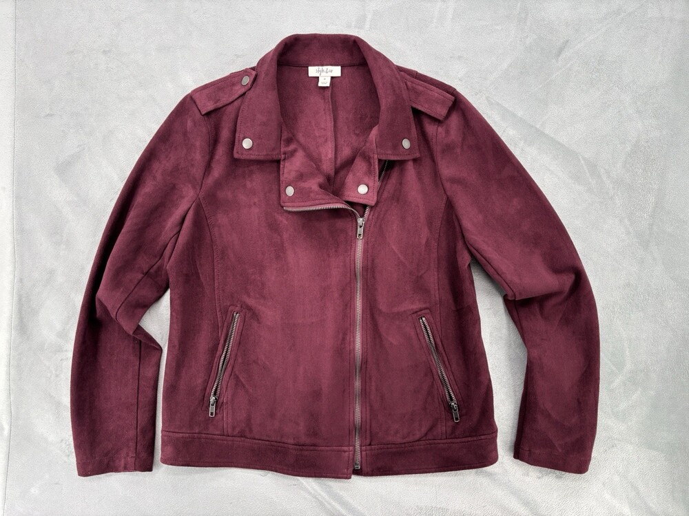 Women's Burgundy Faux Suede Moto Jacket Style & Co Biker Coat Zip Pockets